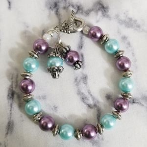 Purple & light blue glass pearl beaded bracelet